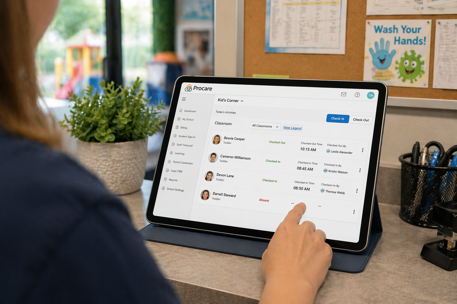Digital childcare system displaying secure check-in and pickup records